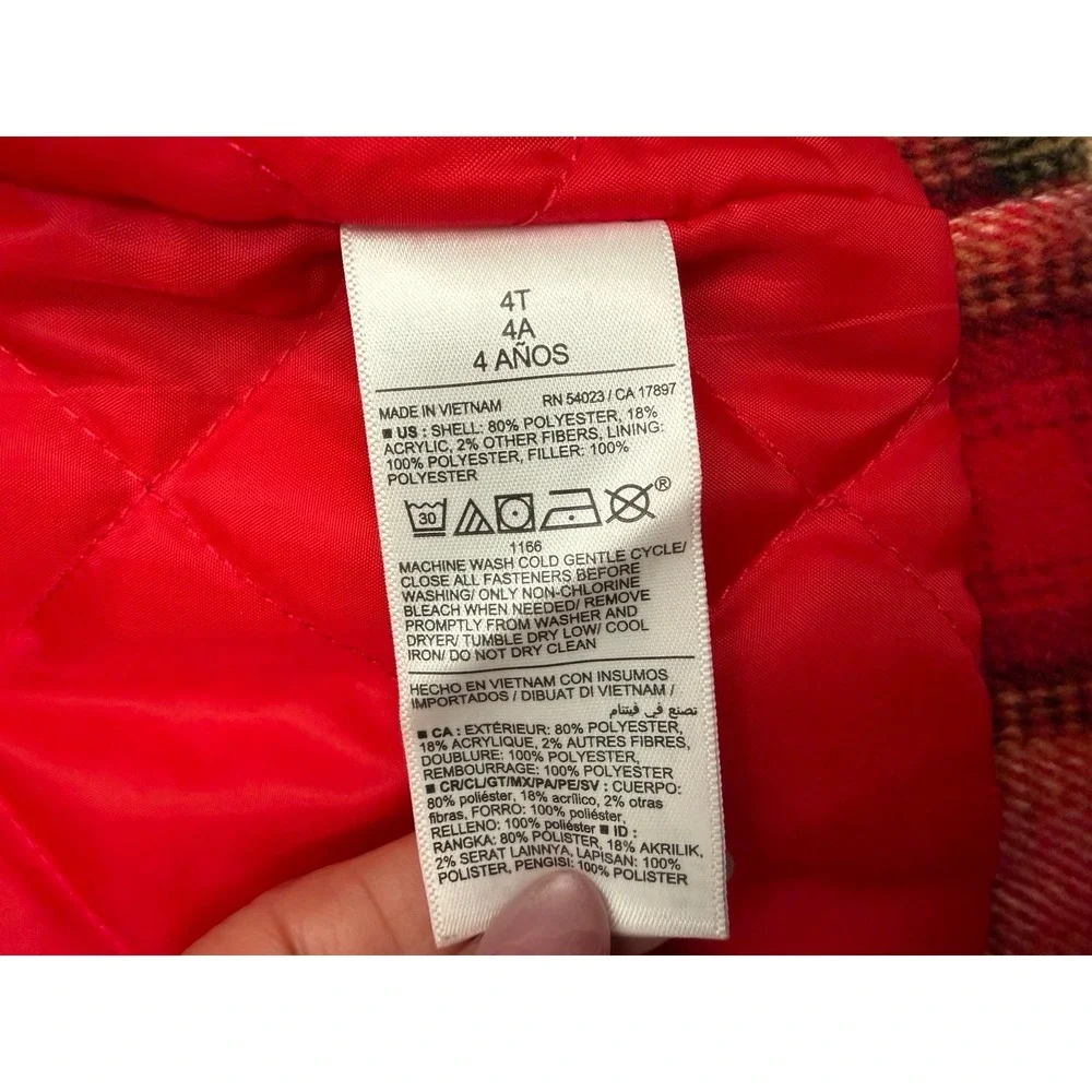 Old Navy Boys 4T Plaid Flannel Jacket Red Cream Quilted Lined Snap Front